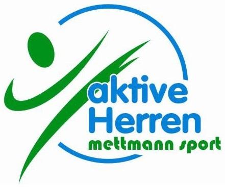 Aktive Herren Weißer Hintergrund wo ein Piktorgramm als Person im Kreis dargestellt ist und in grüner und blauer Schrift aktive Herren, mettmann-sport steht.