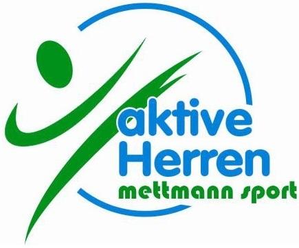 Aktive Herren Weißer Hintergrund wo ein Piktorgramm als Person im Kreis dargestellt ist und in grüner und blauer Schrift aktive Herren, mettmann-sport steht.
