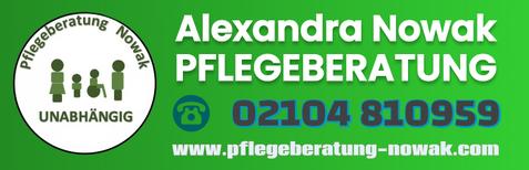 Logo der Pflegeberatung Nowak mit Kontaktdaten und dem Slogan „Unabhängig“ auf grünem Hintergrund.