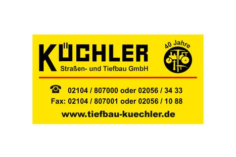 Logo der Firma Küchler, Straßen- und Tiefbau GmbH, mit Kontaktdaten und dem Hinweis auf 40 Jahre Firmengeschichte.