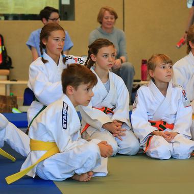 Gruppe von Kindern in Judoanzügen sitzt aufmerksam auf einer Matte während einer Trainingssession.
