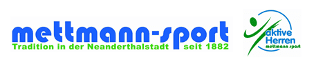 Aktive Herren Weißer Hintergrund wo ein Piktorgramm als Person im Kreis dargestellt ist und in grüner und blauer Schrift aktive Herren, mettmann-sport steht. Links davon ist noch zusätzlich die Wortmarke mettmann-sport Tradition in der Neanderthalstadt