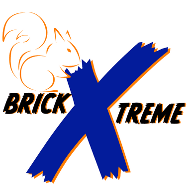 Logo mit einem stilisierten Eichhörnchen und Schriftzug „BRICK XTREME“ in Blau und Schwarz auf weißem Hintergrund.
