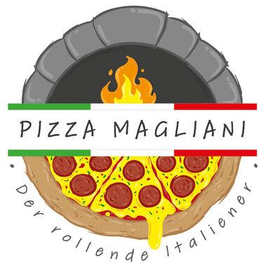 Logo von Pizza Magliani mit einer Pizza, belegt mit Peperoni und geschmolzenem Käse, auf einem Holzofen-Hintergrund.