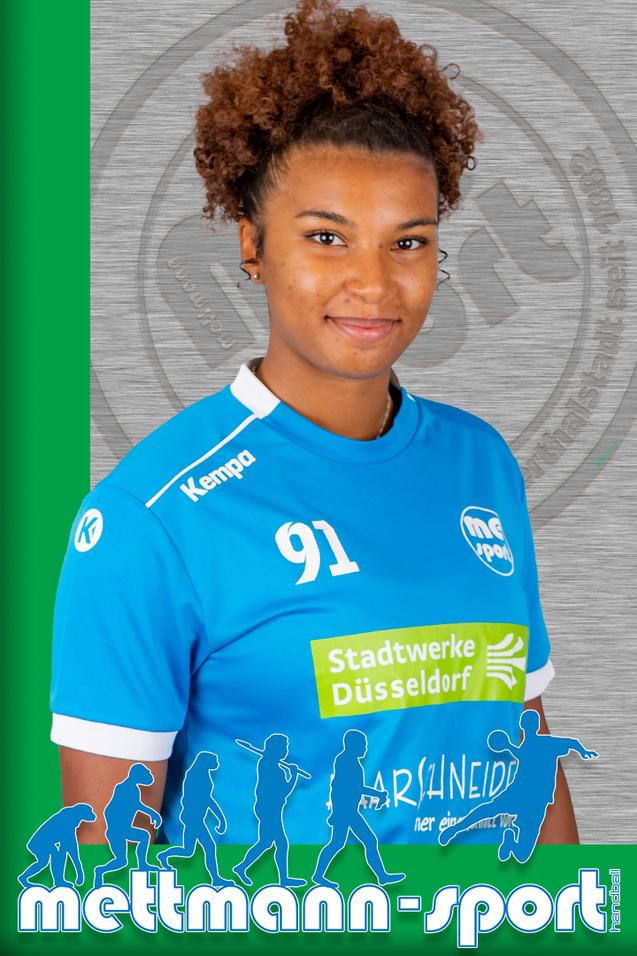 Handballspielerin mit lockigem Haar, trägt ein blaues Trikot mit der Nummer 91 und lächelt in die Kamera.