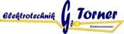 Logo der Elektrotechnik G. Torner, bestehend aus blauem Text auf gelbem Hintergrund mit einem Kabelsymbol.