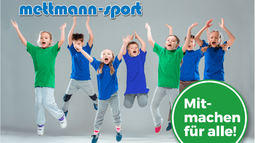 Sechs fröhliche Kinder springen lächelnd vor grauem Hintergrund, mit farbigen T-Shirts und einem Motivationsslogan.