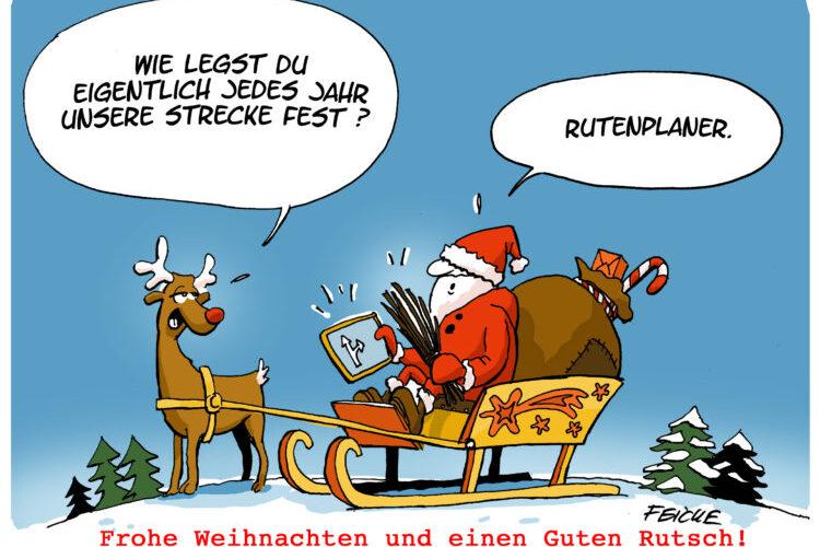 Weihnachtliche Karikatur mit Santa und einem Rentier im Schlitten, Santa zeigt auf einen Routenplaner. Schnee und Tannen im Hintergrund.