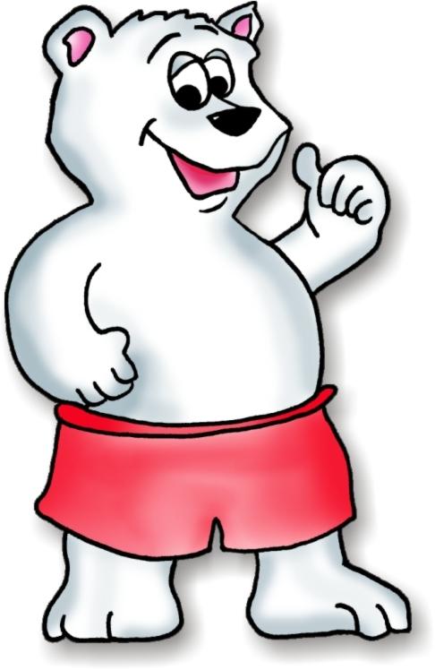 Comic-Held mit weißem Bärenfell, in roten Shorts, zeigt Daumen hoch und lächelt freundlich.