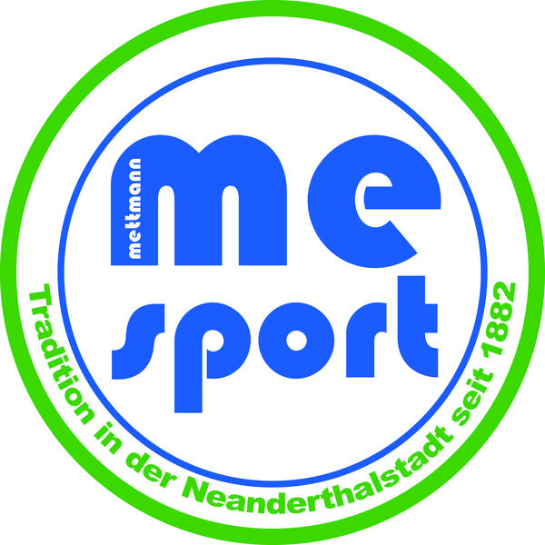 Logo von Mettmann Sport in blauer Schrift mit grünem und blauem Kreis, darunter der Slogan seit 1882.