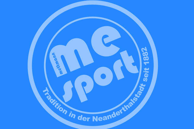 Logo von "me sport" in Weiß auf blauem Hintergrund, mit dem Text "Tradition in der Neanderthalsstadt seit 1882".