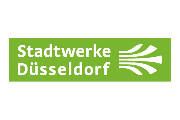Logo der Stadtwerke Düsseldorf mit weißem Text auf grünem Hintergrund, zeigt den Firmennamen und grafische Elemente.
