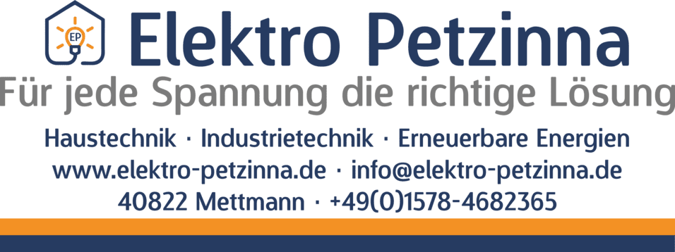 Logo von Elektro Petzinna mit dem Slogan „Für jede Spannung die richtige Lösung“ und Kontaktdaten.