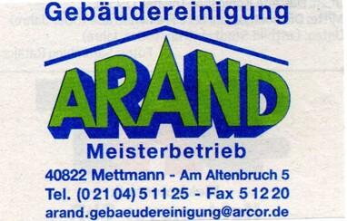 Visitenkarte der Gebäudereinigung Arand mit Kontaktdaten und Standort in Mettmann.