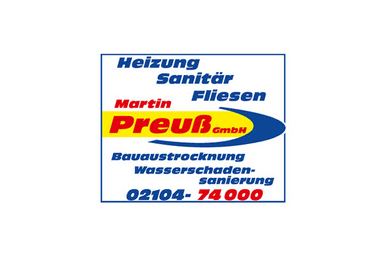 Logo von Martin Preuß GmbH mit den Dienstleistungen: Heizung, Sanitär, Fliesen, Bauaustrocknung und Wasserschaden-Sanierung.
