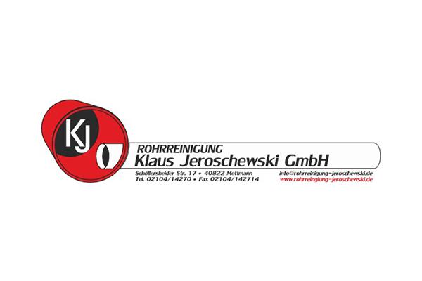 Logo der Rohrreinigung Klaus Jeroschewski GmbH mit Kontaktinformationen und Slogan auf weißem Hintergrund.