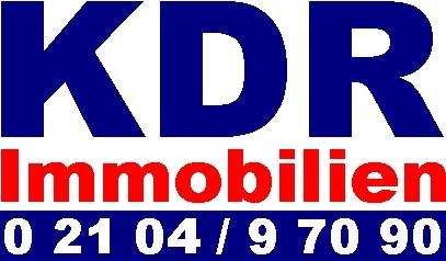 Logo der Firma KDR Immobilien in Blau und Rot mit Telefonnummer 0 21 04 / 9 70 90.