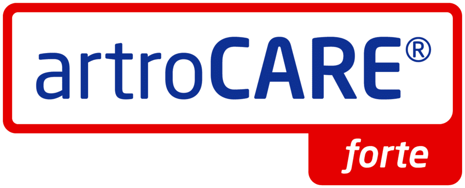 Logo von artroCARE® forte mit blauer Schrift auf weißem Hintergrund und rotem Rahmen.