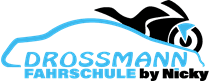 Logo der Fahrschule Drossmann mit stilisierten Auto- und Motorradsymbolen in Blau und Schwarz auf grauem Hintergrund.