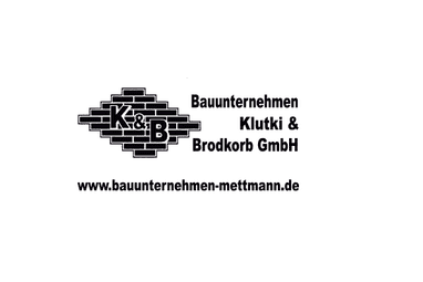 Logo des Bauunternehmens Klutki & Brodkorb GmbH mit Firmennamen und Webadresse auf weißem Hintergrund.