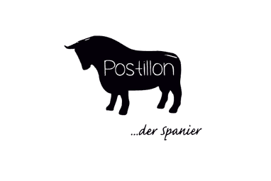 Silhouette eines Stieres mit dem Schriftzug „Postillon“ in der Mitte und „...der Spanier“ darunter.