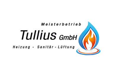 Logo der Tullius GmbH, Meisterbetrieb für Heizung, Sanitär und Lüftung, mit stilisiertem Wasser- und Flammensymbol.