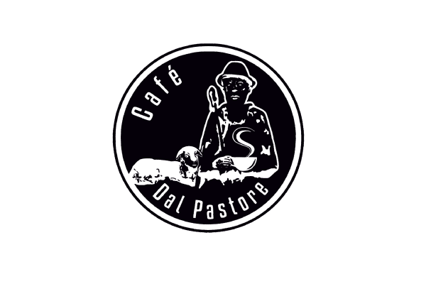 Logo des Cafés "Dal Pastore" mit einem Schäfer in schwarz-weiß und dem Schriftzug in geschwungenem Stil.
