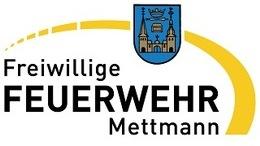 Logo der Freiwilligen Feuerwehr Mettmann mit Wappen und gelber, geschwungener Linie.