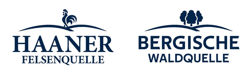 Zwei Logos: links "HAANER FELSENQUELLE" mit Hahn, rechts "BERGISCHE WALDQUELLE" mit drei Bäumen auf Hügeln.