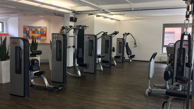 Fitnessraum mit mehreren Trainingsgeräten und großen Pflanzen in weißen Übertöpfen, helle Wände und Fenster im Hintergrund.