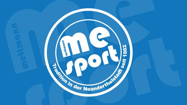 Logo von "me sport" in Blau und Weiß, mit dem Schriftzug "Tradition in der Neanderthalstadt seit 1882".