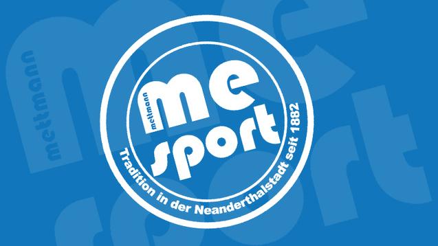 Logo von "me sport" in Blau und Weiß, mit dem Schriftzug "Tradition in der Neanderthalstadt seit 1882".